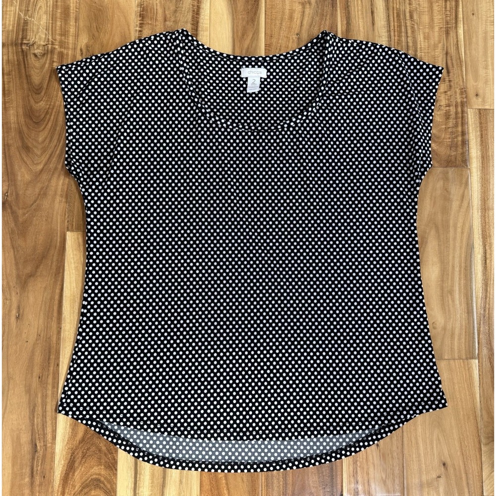 Chico's Polka Dot Top Black White Scoop Neck Short Sleeve Blouse Size 2